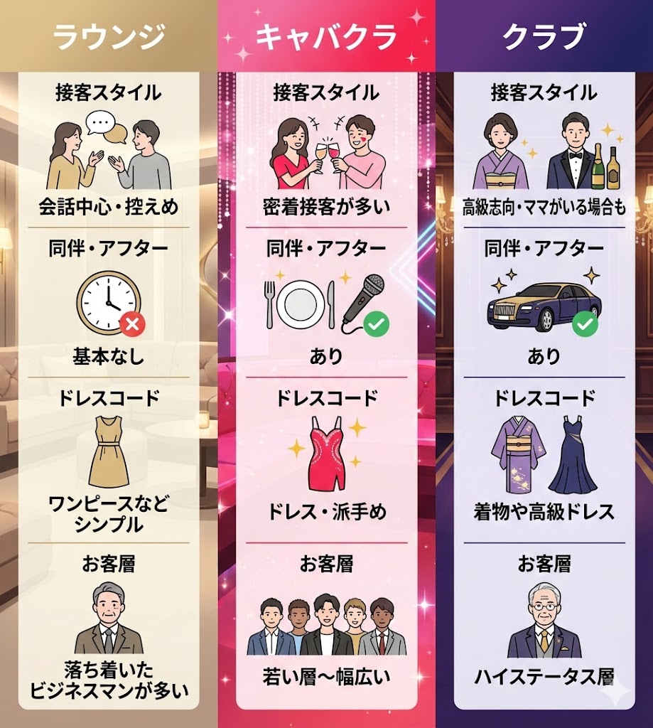 キャバクラやクラブとの違いとは？